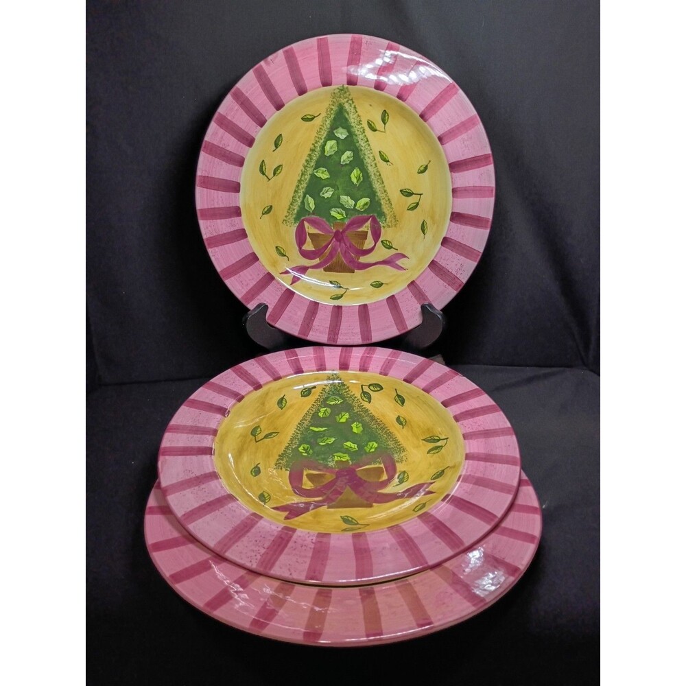 Laurie Gates Ware Christmas Tree Plates Set 4 Pink Stripes Holiday Dinner